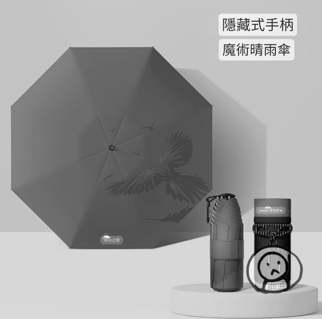 BETWEEN BLACK AND WHITE ,飛鳥遠山個性圖案魔術隱藏手柄晴雨傘 男士專用 330g 防紫外線 口袋傘