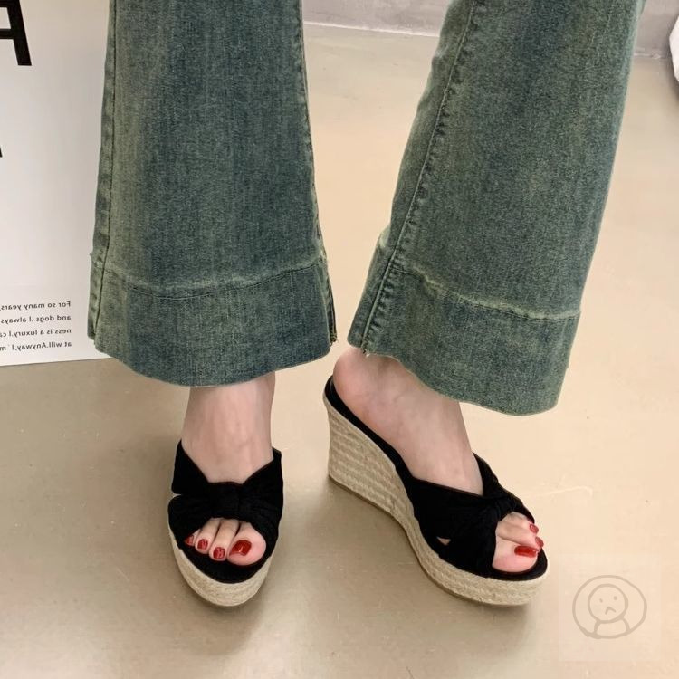矮個子增高拖鞋，草編厚底沙灘涼鞋