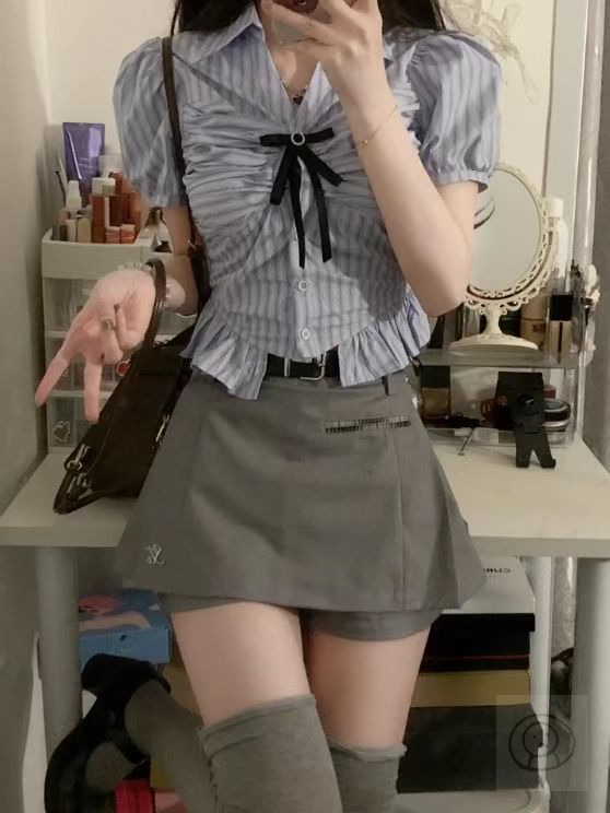 JK日本女學生校服套裝 藍色條紋短袖襯衫甜美又個性