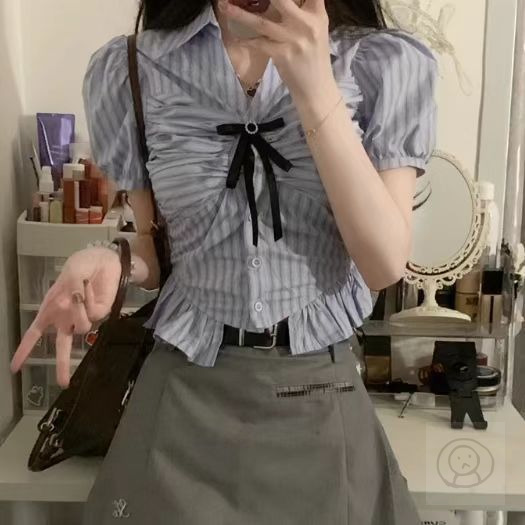 JK日本女學生校服套裝 藍色條紋短袖襯衫甜美又個性