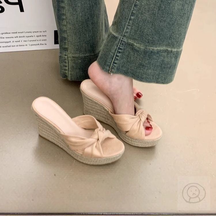 矮個子增高拖鞋，草編厚底沙灘涼鞋