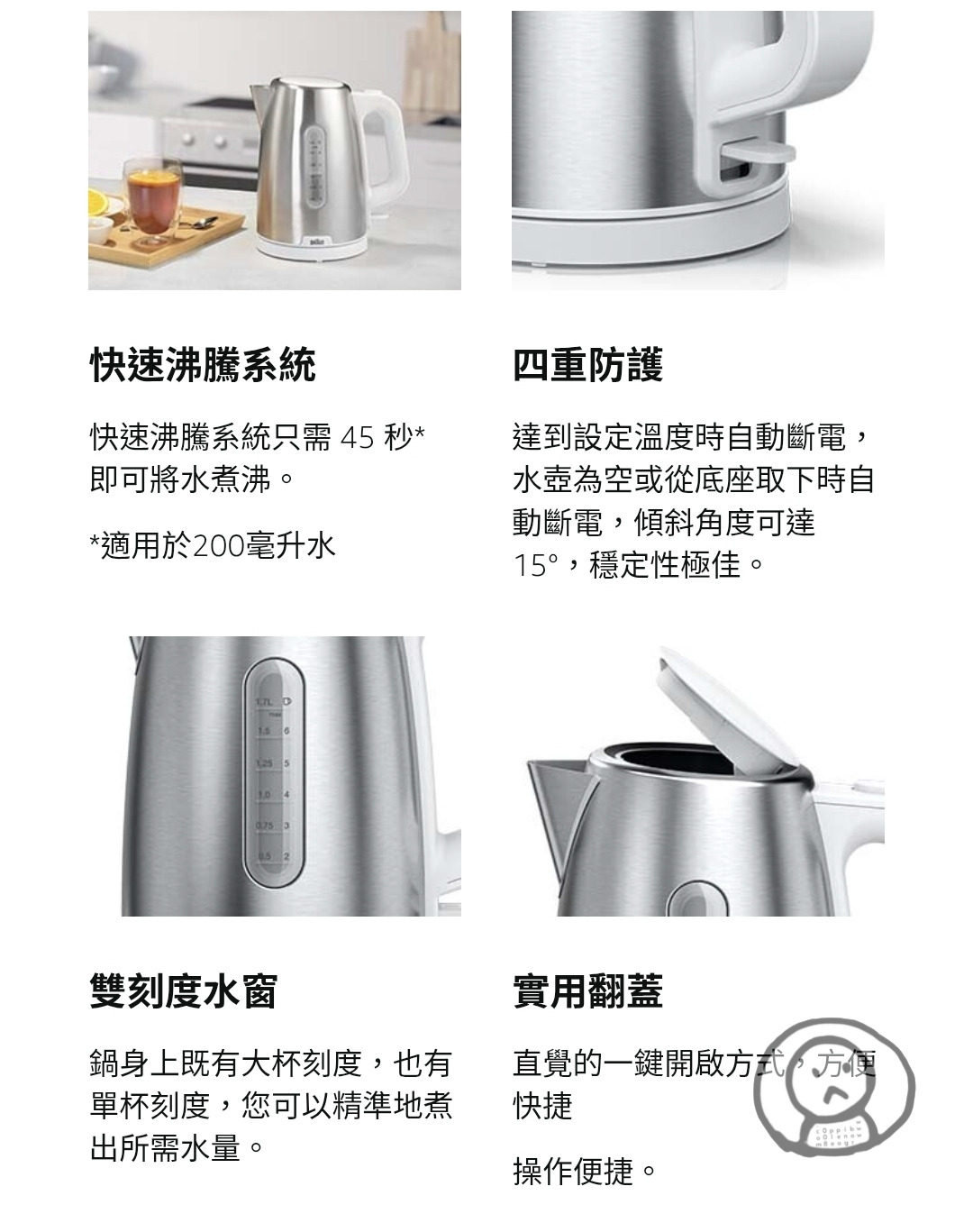 博朗Essentials PurShine WK1500WH電水壺，1.7公升 不銹鋼電熱水壺  360°旋轉底座 2200瓦
