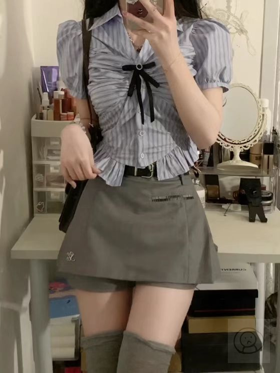 JK日本女學生校服套裝 藍色條紋短袖襯衫甜美又個性