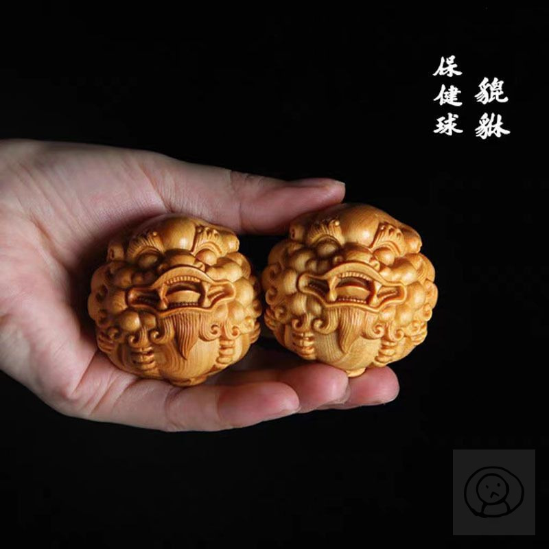 崖柏木貔貅雕刻 中國神話神獸文玩按摩球 老人收藏品