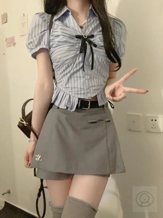 JK日本女學生校服套裝 藍色條紋短袖襯衫甜美又個性