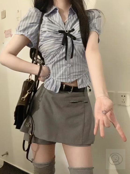 JK日本女學生校服套裝 藍色條紋短袖襯衫甜美又個性