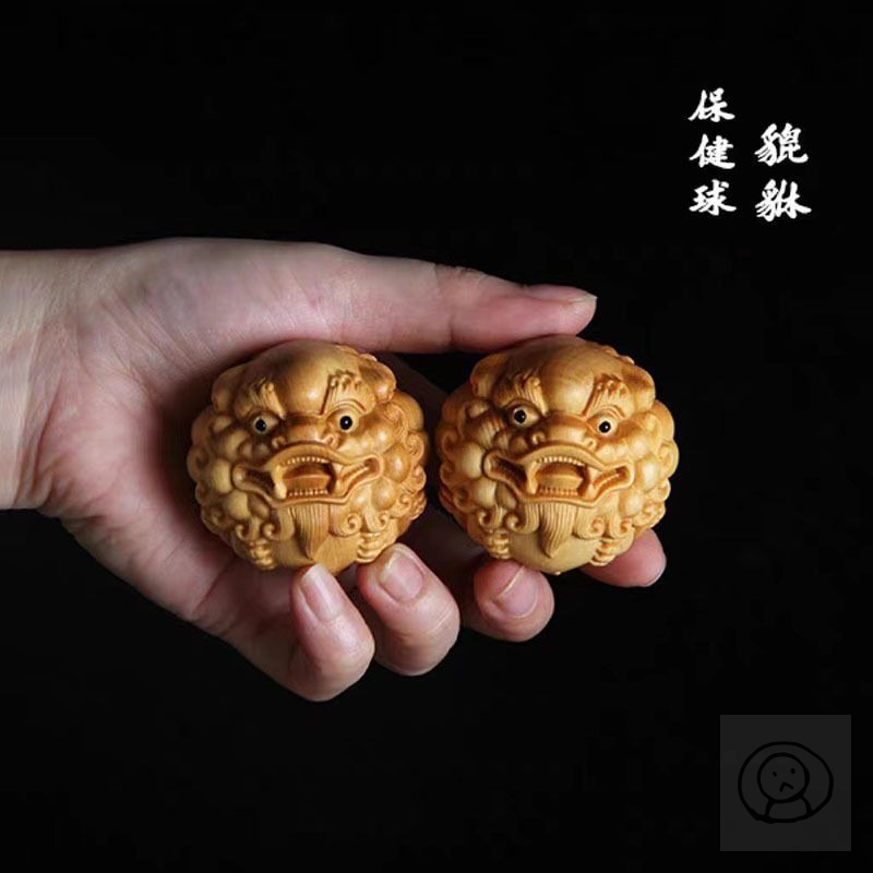 崖柏木貔貅雕刻 中國神話神獸文玩按摩球 老人收藏品