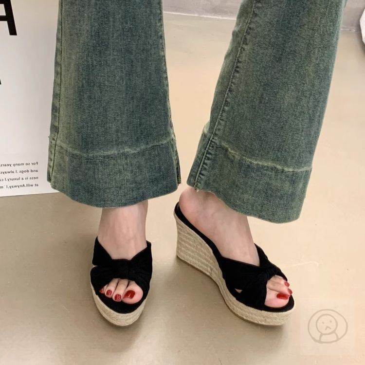 矮個子增高拖鞋，草編厚底沙灘涼鞋