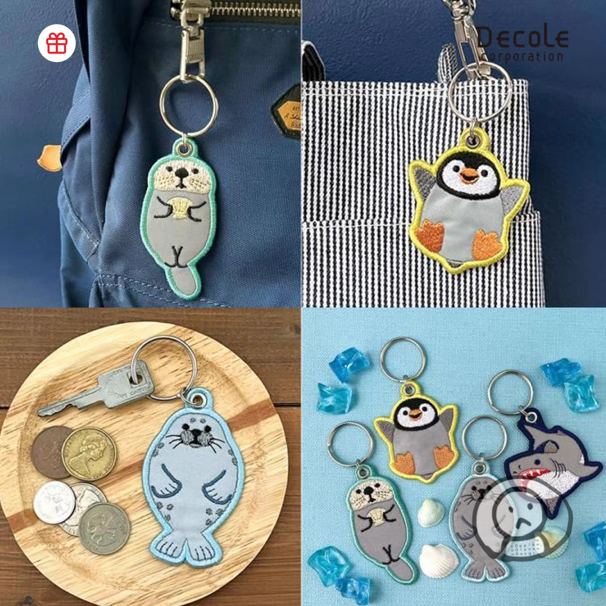 日本DECOL海洋動物企鵝海豹螢光刺繡鎖匙扣