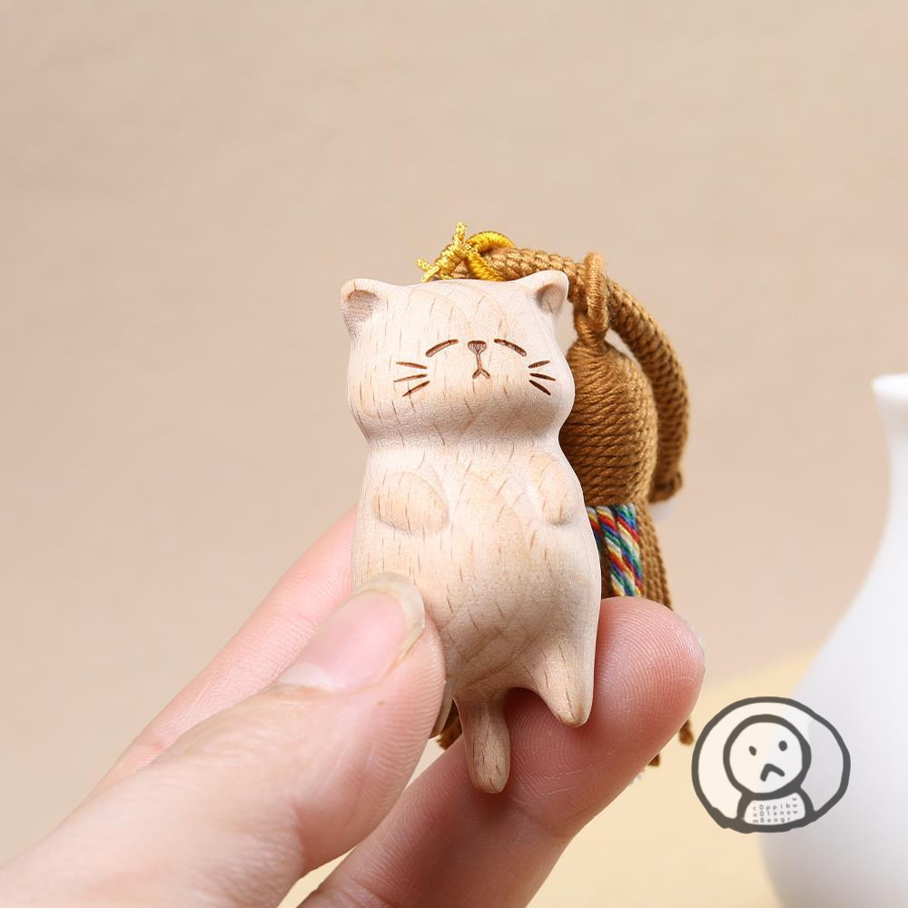 木雕公仔掛件 鎖匙扣 可愛招財小猫